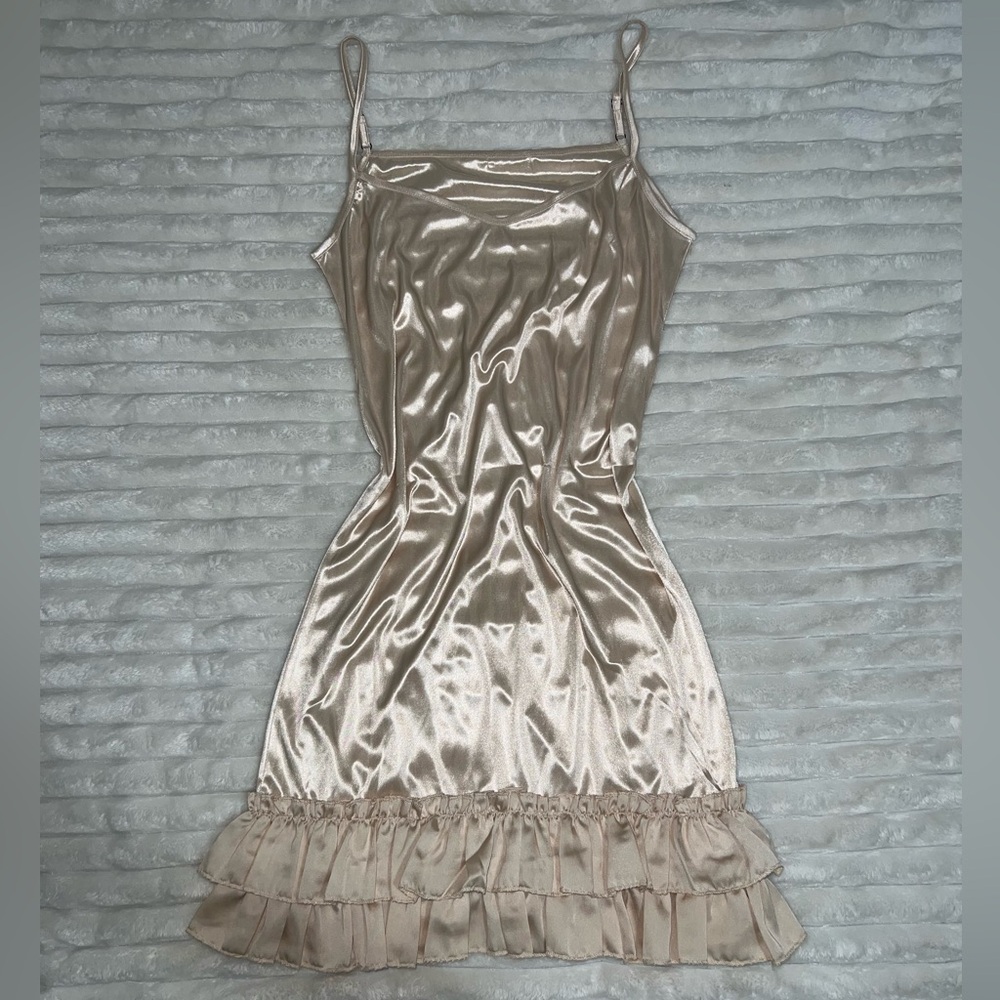 Vintage Satin Slip Dress with Ruffle Hem in Ivory